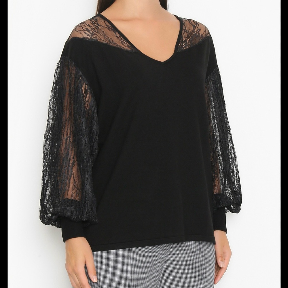 MARINA RINALDI Asia Lace Sleeve V-Neck Sweater Top- NWT-16/18